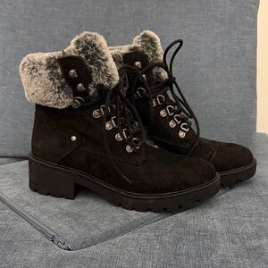 White Mountain Black Lace-Up Faux Fur Collar Ankle Boots